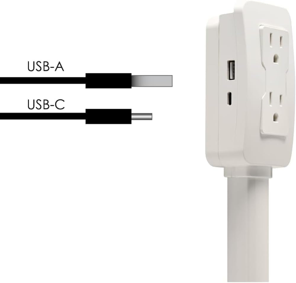 Versatile Socket Extension with USB-A, USB-C, and Dual AC Outlets - Adjustable 22" to 34" with 180° Rotation for Easy Access Behind Sofas